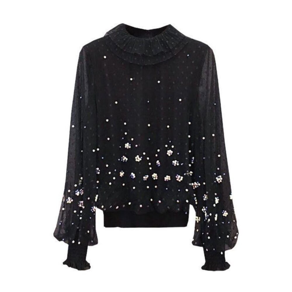 Women's Plus Size 1X/2X/3X Blouse Formal Beaded Black Pearls Mesh Overlay